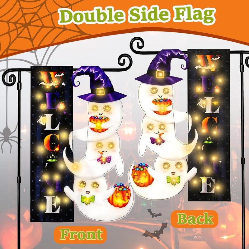 FLAGMESAGE Halloween Lighted Garden Flag, Solar Yard Flag for Outside, 8 Modes Double Sided Welcome Halloween Ghost Outdoor Decorations for Home Porch (Ghost-12x18) - Image 5
